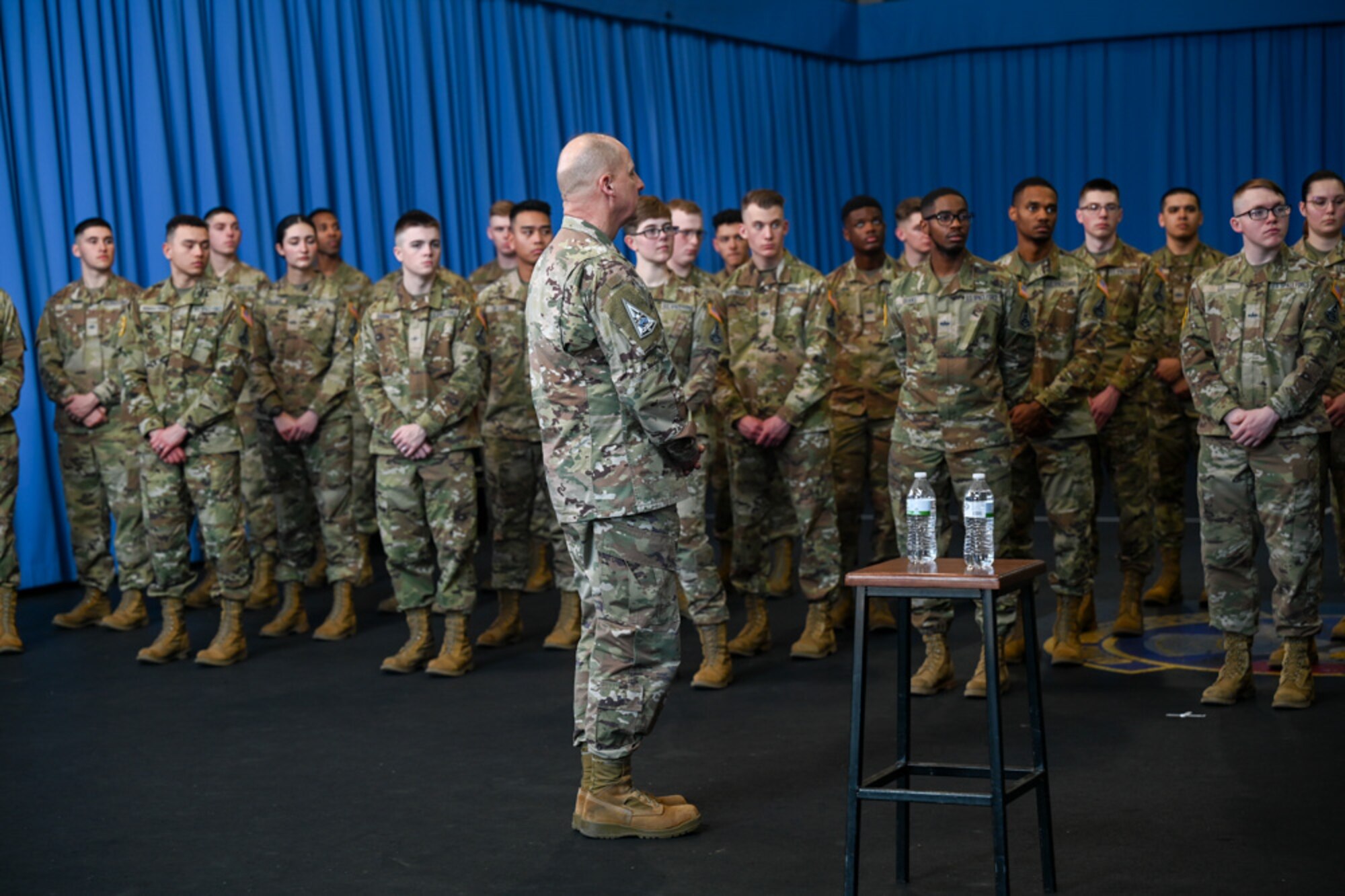 U.S. Space Force Gen. Mike Guetlein, Vice Chief of Space Operations, speaks to a room  of U.S. Space Force Honor Guardsmen at Dickens Hall on Joint Base Anacostia-Bolling, Washington, D.C., Feb. 11, 2025. Guetlein stressed the importance of the vital role the Honor Guard plays in representing a growing Space Force and the future of the Space Force mission. (U.S. Air Force photo by Airman 1st Class Shanel Toussaint)