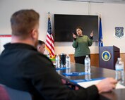 Tawana Hixon, a psychology technician for the 91st Missile Wing, speaks during the True North - Minot Installation Cohesion Meeting 2025 at the Northern Lights Chapel on Minot Air Force Base, North Dakota, Feb. 12, 2025. Hixon and other True North members held a discussion about stressors and trends commonly seen in their line of work and how to address those issues. (U.S. Air Force photo by Senior Airman Kendra A. Ransum)