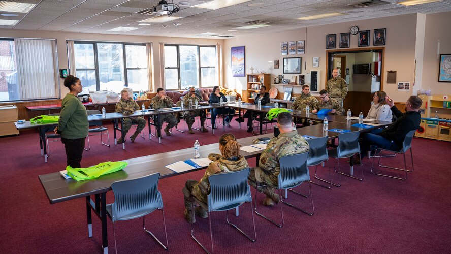True North members discuss what events, educations and activities are planned for the next quarter during the True North - Minot Installation Cohesion Meeting 2025 at the Northern Lights Chapel on Minot Air Force Base, North Dakota, Feb. 12, 2025. This resilience program considers social events as essential for good mental health and well-being in the workplace. (U.S. Air Force photo by Senior Airman Kendra A. Ransum)