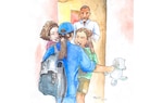 Coast Guard member comes home to her family after a deployment, 
 with the whole family sharing a warm embrace. (U.S. Coast Guard illustration by Lt. j.g. Gary Rodriguez)