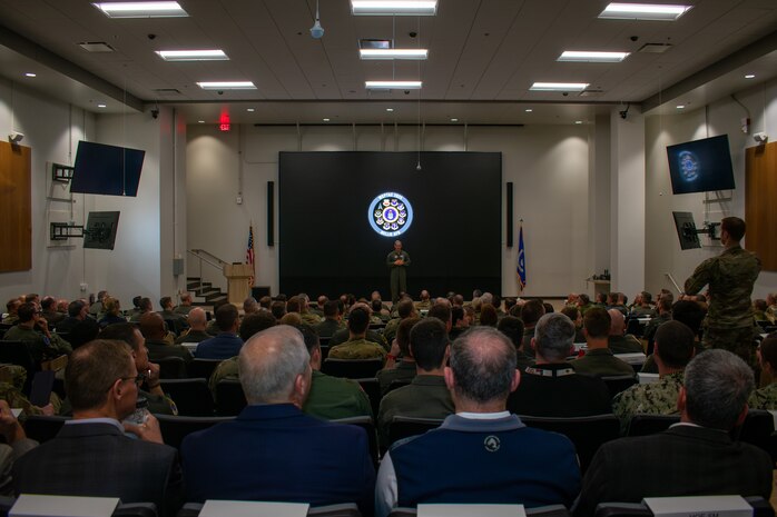 U.S. Air Force Gen. Ken Wilsbach, commander of Air Combat Command, delivers opening remarks during the Weapons and Tactics Conference (WEPTAC) at Nellis Air Force Base, Nevada, Jan. 15, 2025.