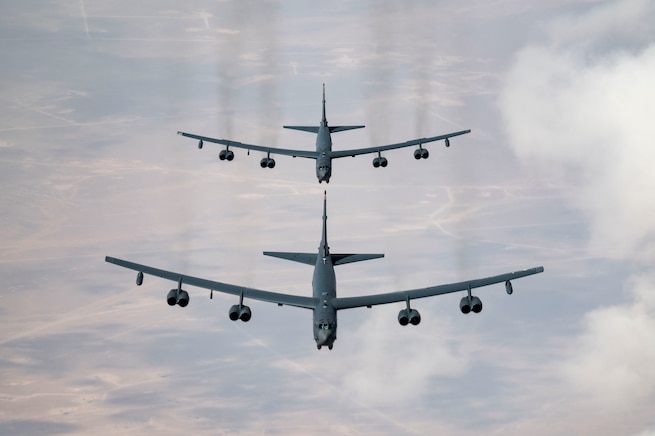 U.S. Air Force B-52 Stratofortress� fly in formation over the U.S. Central Command area of responsibility, Feb. 20, 2025. Bomber task force missions are routine deployments of long-range, strategic bombers to assure regional partners of U.S. commitments and to deter adversaries. (U.S. Air Force photo by Staff Sgt. William Rio Rosado)