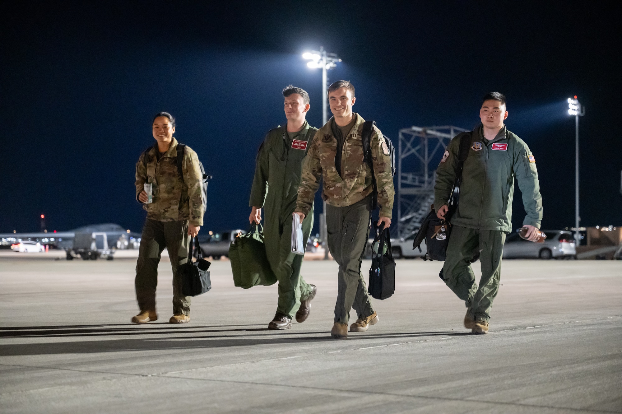 A crew of 343rd Reconnaissance Squadron and Royal Air Force’s 51st Squadron step to their jet, a RC-135V/W Rivet Joint, during Red Flag 25-1 at Nellis Air Force Base, Nevada Jan. 29, 2025. Red Flag highlights the enduring importance of allied partnerships demonstrating that the U.S., RAF, and RAAF are stronger together in facing the challenges of the future. (U.S. Air Force photo by Tech. Sgt. Chris Thornbury)