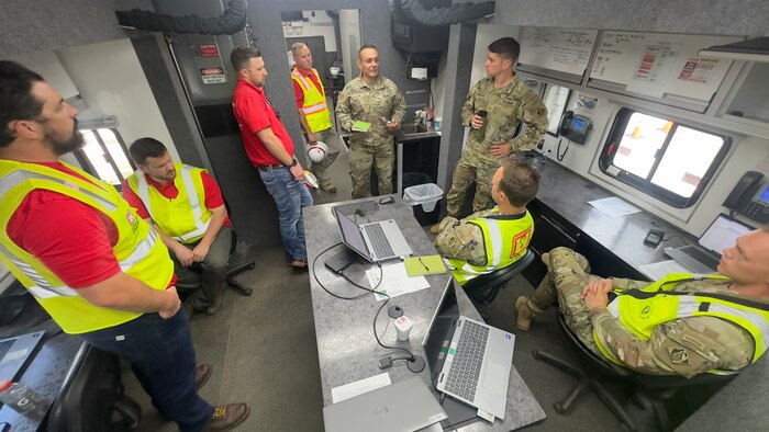 Members of the U.S. Army Corps of Engineers (USACE) Galveston District's (SWG) Emergency Management Office meet with their counterparts of the Texas Department of Emergency Management, July 17, 2024. USACE set up a temporary emergency power task force in response team following the aftermath of Hurricane Beryl. The task force assessed critical public facilities that needed generators following the hurricane. Beryl, a category 1 hurricane, flooded many parts of southeast Texas and left more than 2.2 million homes and business in the in the greater Houston area without electricity.