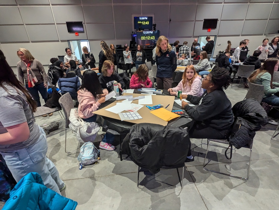 Students participate in a hands-on engineering challenge during the 2025 Engineering Workshop, hosted by the U.S. Army Corps of Engineers, Omaha District in partnership with the Society of American Military Engineers, Omaha Post STEM Program in Elkhorn, Nebraska, Feb. 13, 2025.