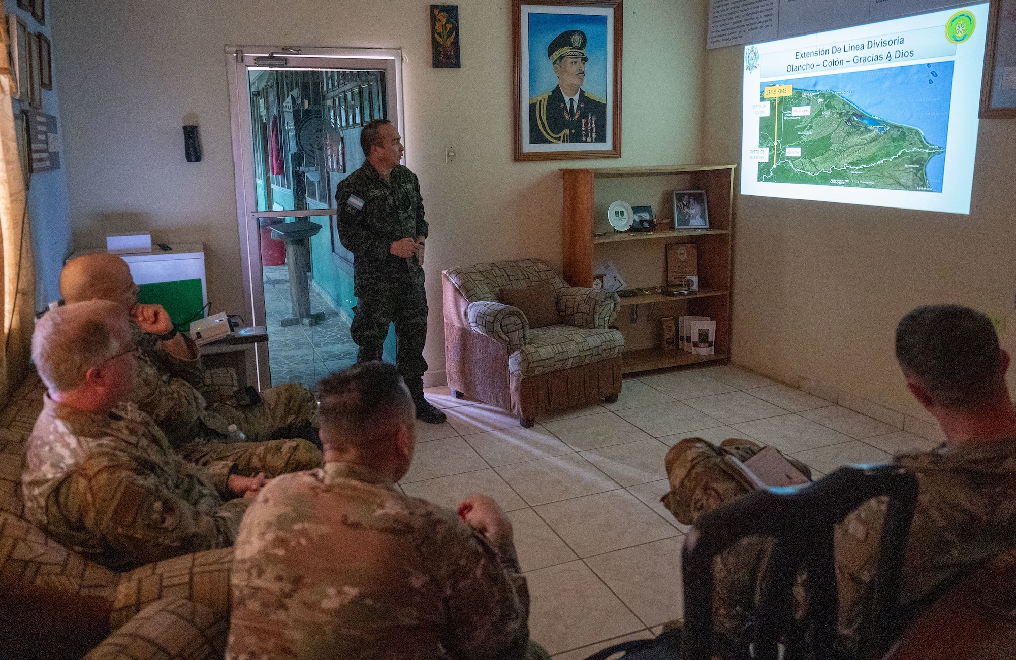 Members of the U.S. Embassy in Honduras, including representatives from the Security Cooperation Office and the Defense Attaché's Office, met with the Honduran Joint Task Force commander Feb. 13 in Gracias a Dios department. They toured a local clinic after the meeting. The group included personnel from Joint Task Force-Bravo. Such meetings and engagements are crucial to fostering information sharing in a joint operations area facing common threats and shared interests. (U.S. Air Force photo)