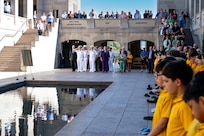 Adm. Samuel J. Paparo, center, commander of U.S. Indo-Pacific Command, Australian Chief of Defence Force Adm. David Johnston, left, and U.S. Chargé d'Affaires to Australia Erika Olson, right, participate in a Last Post Ceremony at the Australian War Memorial in Canberra, Feb. 18, 2025. The ceremony commemorates fallen members of the Australian armed forces. USINDOPACOM is committed to enhancing stability in the Indo-Pacific region by promoting security cooperation, encouraging peaceful development, responding to contingencies, deterring aggression and, when necessary, fighting to win. (U.S. Navy photo by Mass Communication Specialist 1st Class John Bellino)