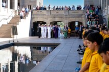 Adm. Samuel J. Paparo, center, commander of U.S. Indo-Pacific Command, Australian Chief of Defence Force Adm. David Johnston, left, and U.S. Chargé d'Affaires to Australia Erika Olson, right, participate in a Last Post Ceremony at the Australian War Memorial in Canberra, Feb. 18, 2025. The ceremony commemorates fallen members of the Australian armed forces. USINDOPACOM is committed to enhancing stability in the Indo-Pacific region by promoting security cooperation, encouraging peaceful development, responding to contingencies, deterring aggression and, when necessary, fighting to win. (U.S. Navy photo by Mass Communication Specialist 1st Class John Bellino)