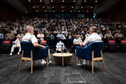 Adm. Samuel J. Paparo, left, commander of U.S. Indo-Pacific Command, and Australian Vice Adm. Justin Jones, Chief of Joint Operations, speak with staff and students from the Australian War College in Canberra, Australia, Feb. 20, 2025. The Australian War College is part of Australian Defence College, the strategic provider of joint professional military education and individual training for the Australian Defence Force. USINDOPACOM is committed to enhancing stability in the Indo-Pacific region by promoting security cooperation, encouraging peaceful development, responding to contingencies, deterring aggression and, when necessary, fighting to win. (U.S. Navy photo by Mass Communication Specialist 1st Class John Bellino)