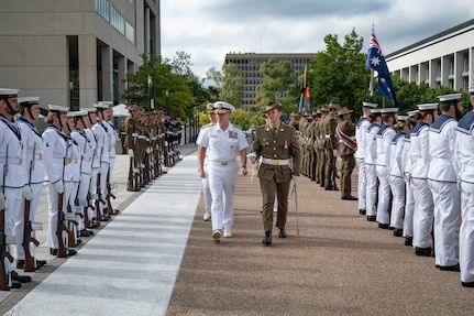 Adm. Samuel J. Paparo, commander of U.S. Indo-Pacific Command, participates in an honors ceremony hosted by Australian Chief of Defence Force Adm. David Johnston at the Australian Defence Force headquarters in Canberra, Feb. 19, 2025. Paparo’s visit built upon the U.S.-Australian bilateral relationship that acts as an anchor for peace and stability in the Indo-Pacific region and around the world. USINDOPACOM is committed to enhancing stability in the Indo-Pacific region by promoting security cooperation, encouraging peaceful development, responding to contingencies, deterring aggression and, when necessary, fighting to win. (U.S. Navy photo by Mass Communication Specialist 1st Class John Bellino)