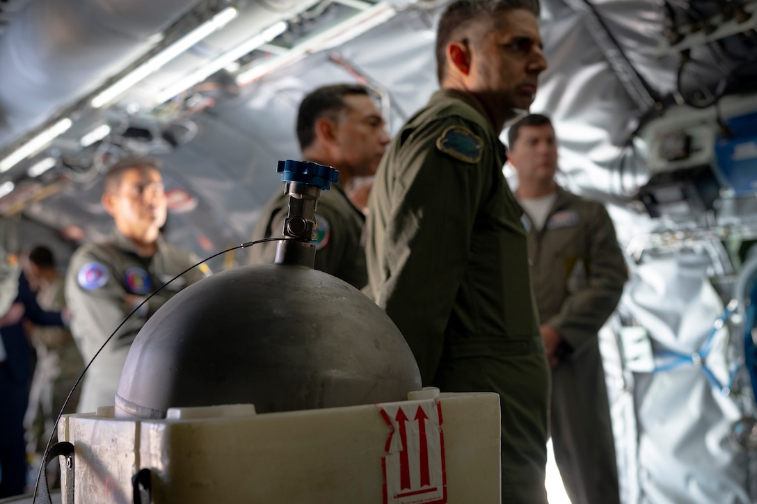 A gaseous collection vessel known as “the sphere” is displayed during a WC-135 Constant Phoenix tour, Feb. 13, 2025 at Davis-Monthan Air Force Base, Arizona. The WC-135, which traveled from Offutt AFB, Nebraska, plays a critical role in nuclear treaty monitoring by collecting airborne effluents and particulates. (U.S. Air Force Photo by Tech. Sgt. Rachel Maxwell)