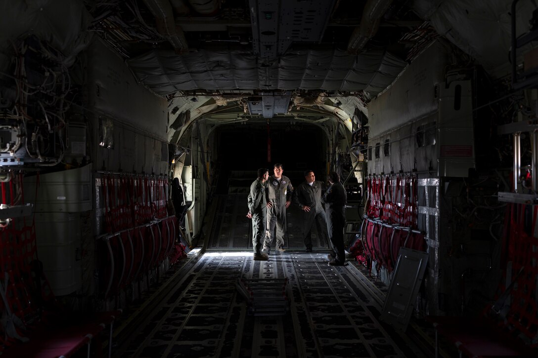Air Forces Southern Foreign Liaison Officers from Argentina, Chile and Brazil tour the inside of a HC-130J Combat King II assigned to the 355th Wing, Feb. 13, 2025 at Davis-Monthan Air Force Base, Arizona. The hands-on immersion provided valuable background and broadened perspectives on U.S. Air Force capabilities, reinforcing the U.S. military’s ongoing commitment to fostering international cooperation and ensuring security and stability in the U.S. Southern Command region. (U.S. Air Force Photo by Tech. Sgt. Rachel Maxwell)