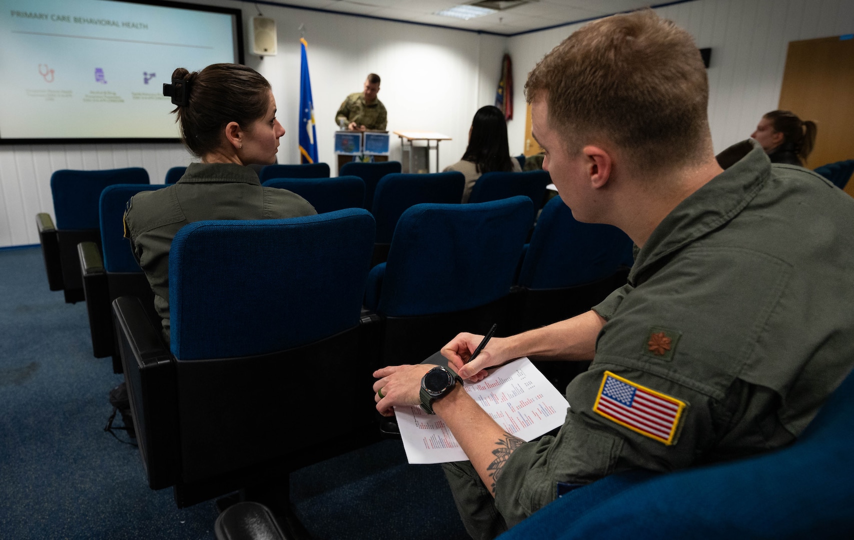 U.S. Air Force Maj. Bax Reed, 76th Airlift Squadron chief pilot, takes notes during a Military Aviator Peer Support wingman face-to-face training at Ramstein Air Base, Germany, Feb. 19, 2025. Many major airlines have peer support programs which prompted the 86th Operations Group to test their own program. Data collected over the course of a year while this program is in effect will be used to see if it is beneficial to service members and their families. (U.S. Air Force photo by Senior Airman Jared Lovett)