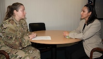 U.S. Air Force Maj. Megan Pope-Thieme, 86th Aerial Port Squadron flight nurse, and Amanda Snell-Nguyen, 4th Air Support Operations Group secretary, conduct Military Aviator Peer Support wingman face-to-face training at Ramstein Air Base, Germany, Feb. 19, 2025. All participants of the training were recommended by their peers in the 86th OG to be part of the training because of their reputation of being supportive. The training enhanced their skills in listening to and supporting fellow Airmen needing help with life stressors. (U.S. Air Force photo by Senior Airman Jared Lovett)