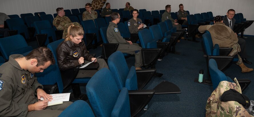 Participants of the Military Aviator Peer Support wingman face-to-face training practice how to interact with a wingman under stress at Ramstein Air Base, Germany, Feb. 19, 2025. All participants of the training were recommended by their peers in the 86th OG to be part of the training because of their reputation of being supportive. The training enhanced their skills in listening to and supporting fellow Airmen needing help with life stressors. The training enhanced their skills in listening to and supporting fellow Airmen needing help with life stressors. (U.S. Air Force photo by Senior Airman Jared Lovett)