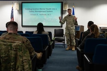 U.S. Air Force Capt. William Hoffman, 59th Medical Wing Office of Science and Technology neurologist and aeromedical researcher assigned to Joint Base San Antonio - Lackland, Texas, gives a speech during a Military Aviator Peer Support wingman face-to-face training at Ramstein Air Base, Germany, Feb. 19, 2025. Many major airlines have peer support programs which prompted the 86th Operation Group to test the program. Data collected over the course of a year while this program is in effect will be used to see if it is beneficial to service members and their families. (U.S. Air Force photo by Senior Airman Jared Lovett)