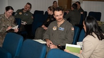 Participants of the Military Aviator Peer Support wingman face-to-face training practice how to interact with a wingman under stress at Ramstein Air Base, Germany, Feb. 19, 2025. Many major airlines have peer support programs which prompted the 86th Operations Group to test their own program. Data collected over the course of a year while this program is in effect will be used to see if it is beneficial to service members and their families. (U.S. Air Force photo by Senior Airman Jared Lovett)