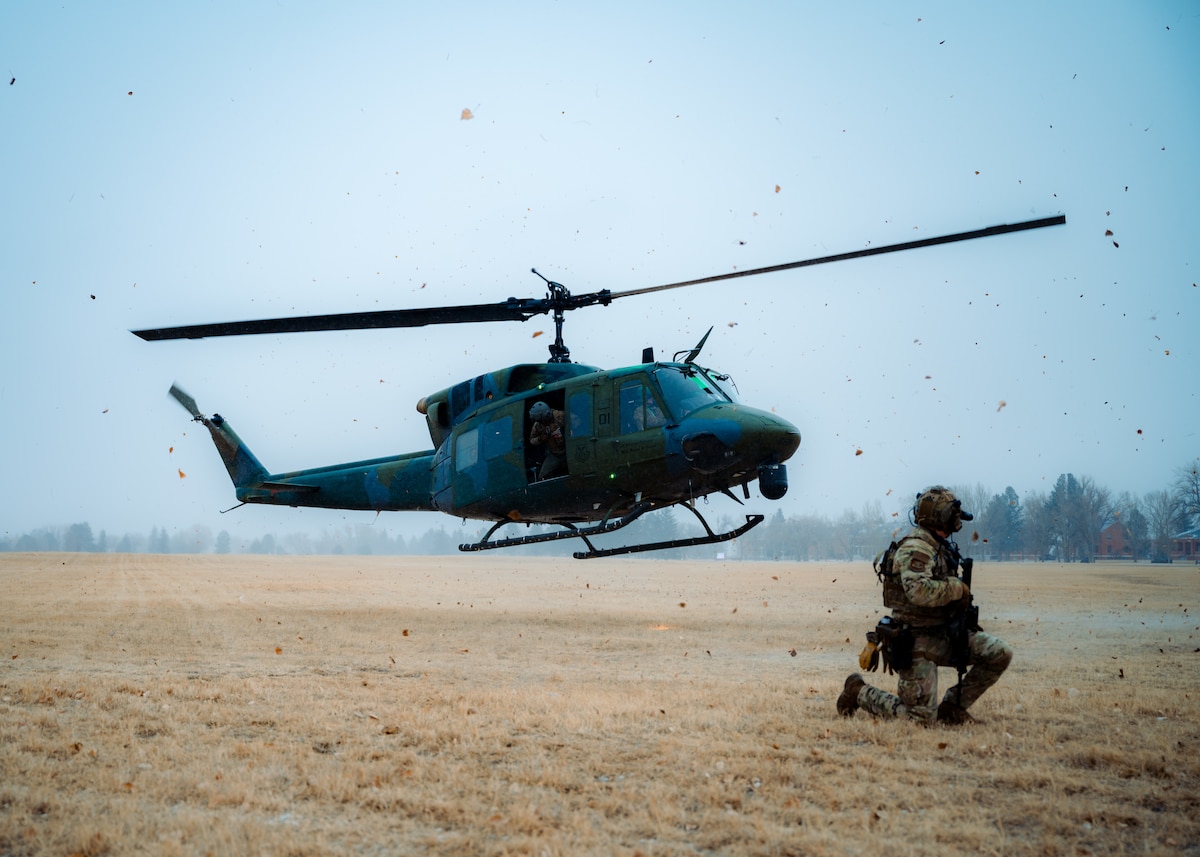 A 37th Helicopter Squadron UH-1N Huey comes in for a landing to pick up a 90th Missile Wing task response force Airman during a convoy response force demonstration at F.E. Warren Air Force Base, Wyo., Feb. 11, 2025. The demonstration provided U.S. Strategic Command senior leaders with insight into the Air Force’s role in the nuclear enterprise and its procedures for moving intercontinental ballistic missiles. (U.S. Air Force photo by Staff Sgt. Michael A. Richmond)