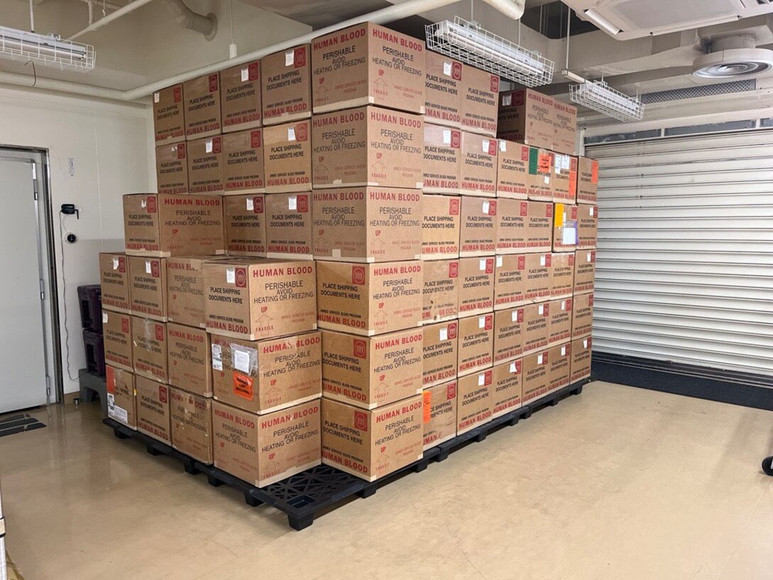 A pallet of boxes labelled human blood.