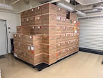 A pallet of boxes labelled human blood.