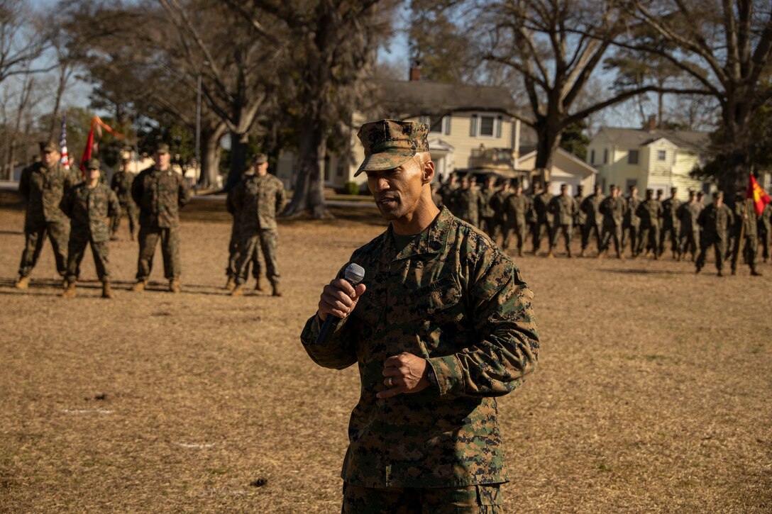 U.S. Marine Corps Sgt. Maj. Crispiniano D. Curiel, incoming sergeant major, II Marine Expeditionary Force Support Battalion, II MEF Information Group, delivers a speech during a relief and appointment ceremony at Marine Corps Base Camp Lejeune, North Carolina, Feb. 14, 2025. A relief and appointment ceremony is a military tradition that signifies all responsibilities and authorities being transferred between the old and new senior enlisted leader of the command. (U.S. Marine Corps photo by Cpl. Marc Imprevert)