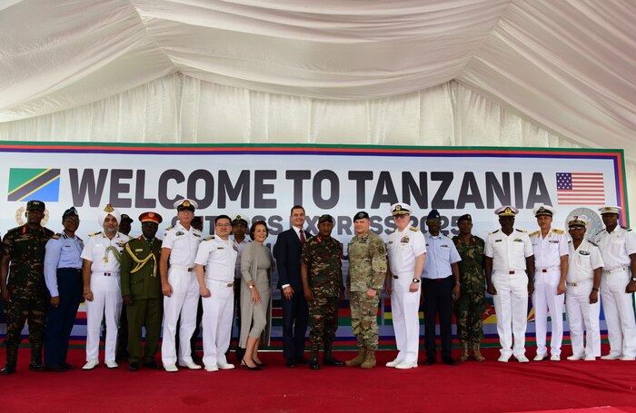 Military partners and U.S. Embassy leadership pose for a group photo after the Exercise Cutlass Express 2025 (CE 25) closing ceremony in Dar es Salaam, Tanzania, Feb. 21, 2025.