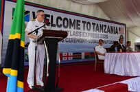 Rear Adm. David Ludwa, reserve director of logistics, ordnance and engineering for Navy Reserve U.S. 6th Fleet, gives remarks during the Exercise Cutlass Express 2025 (CE 25) closing ceremony in Dar es Salaam, Tanzania, Feb. 21, 2025.