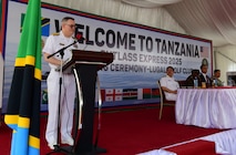 Rear Adm. David Ludwa, reserve director of logistics, ordnance and engineering for Navy Reserve U.S. 6th Fleet, gives remarks during the Exercise Cutlass Express 2025 (CE 25) closing ceremony in Dar es Salaam, Tanzania, Feb. 21, 2025.