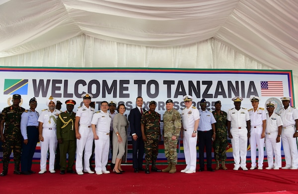 Military partners and U.S. Embassy leadership pose for a group photo after the Exercise Cutlass Express 2025 (CE 25) closing ceremony in Dar es Salaam, Tanzania, Feb. 21, 2025.