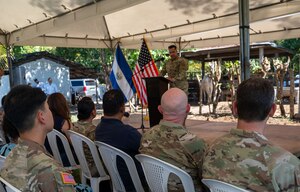 U.S. military members and El Salvadoran agricultural officials attend a ceremony Feb. 19, 2025, to highlight a joint initiative to combat vector-borne illnesses in livestock.  The initiative aims to curb the spread of vector-borne illnesses that threaten animal and human populations. (U.S. Air Force photo)