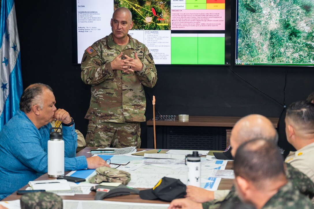 U.S. Army Col. Daniel Alder, Joint Task Force-Bravo Commander, thanks participants during a tabletop exercise at Soto Cano Air Base, Honduras, February 19, 2025.