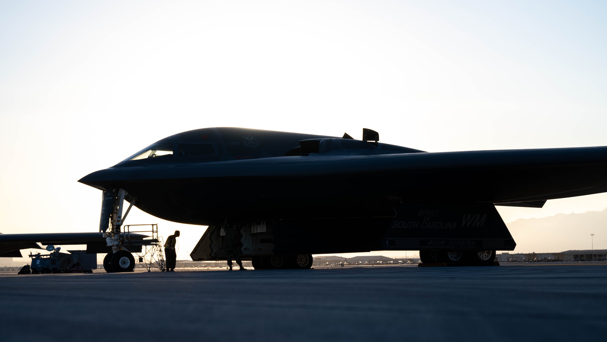 B-2 Spirit stealth bombers prepare for departure during Exercise Bamboo Eagle at Nellis Air Force Base, Nevada, Feb. 10, 2025. Bamboo Eagle provides a realistic training environment to test and refine bomber force tactics, techniques, and procedures. (U.S. Air Force photo by Senior Airman Bryson Sherard0