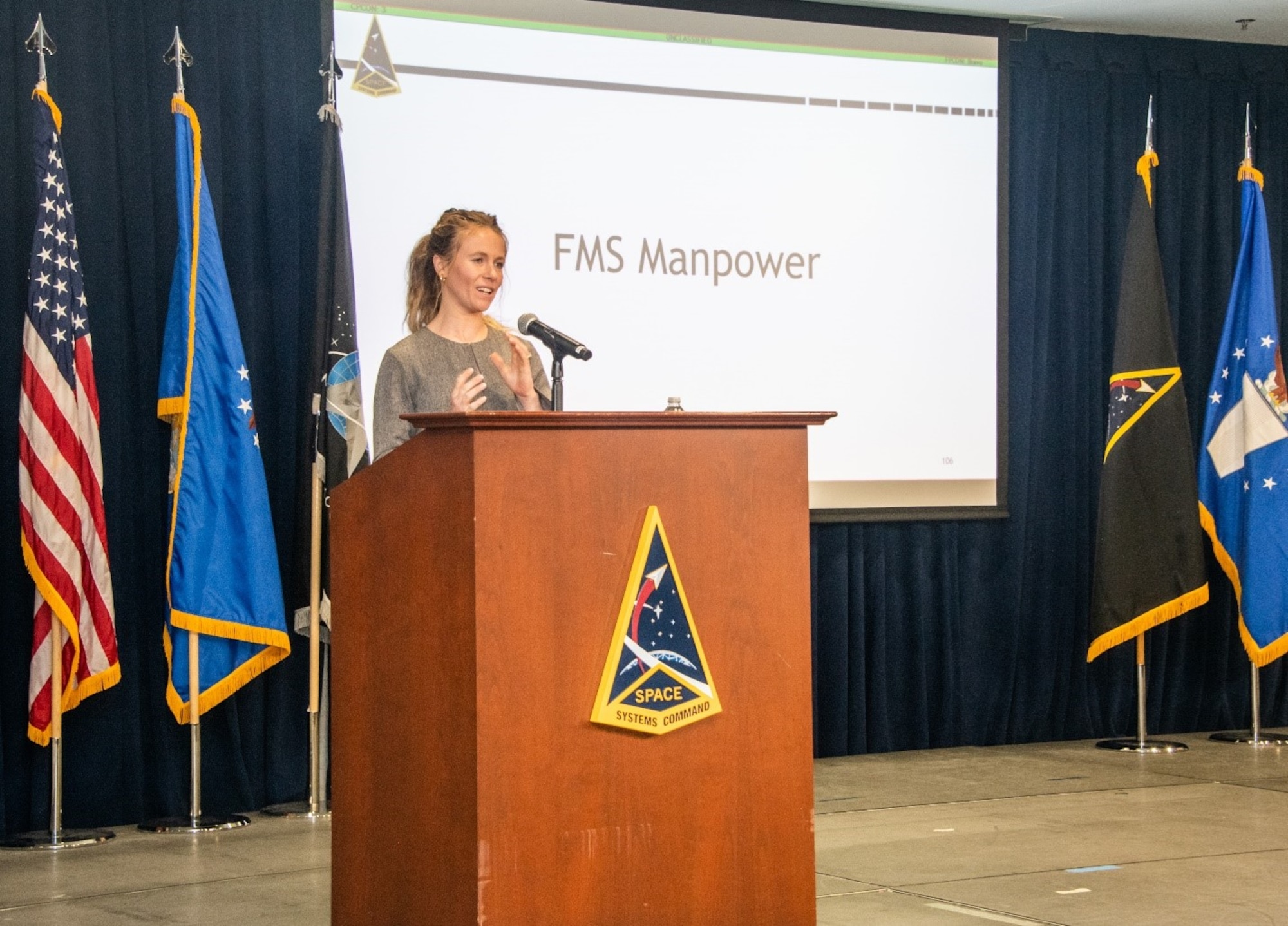 Rachel Foster, FMS operations management chief, speaks at the FMS conference on February 12, 2025, at LAAFB, in El Segundo, Calif. The conference was designed to help prepare Space Systems Command for an increase in foreign military sales to its foreign allies across different mission areas. (U.S. Space Force Photo by Van Ha)