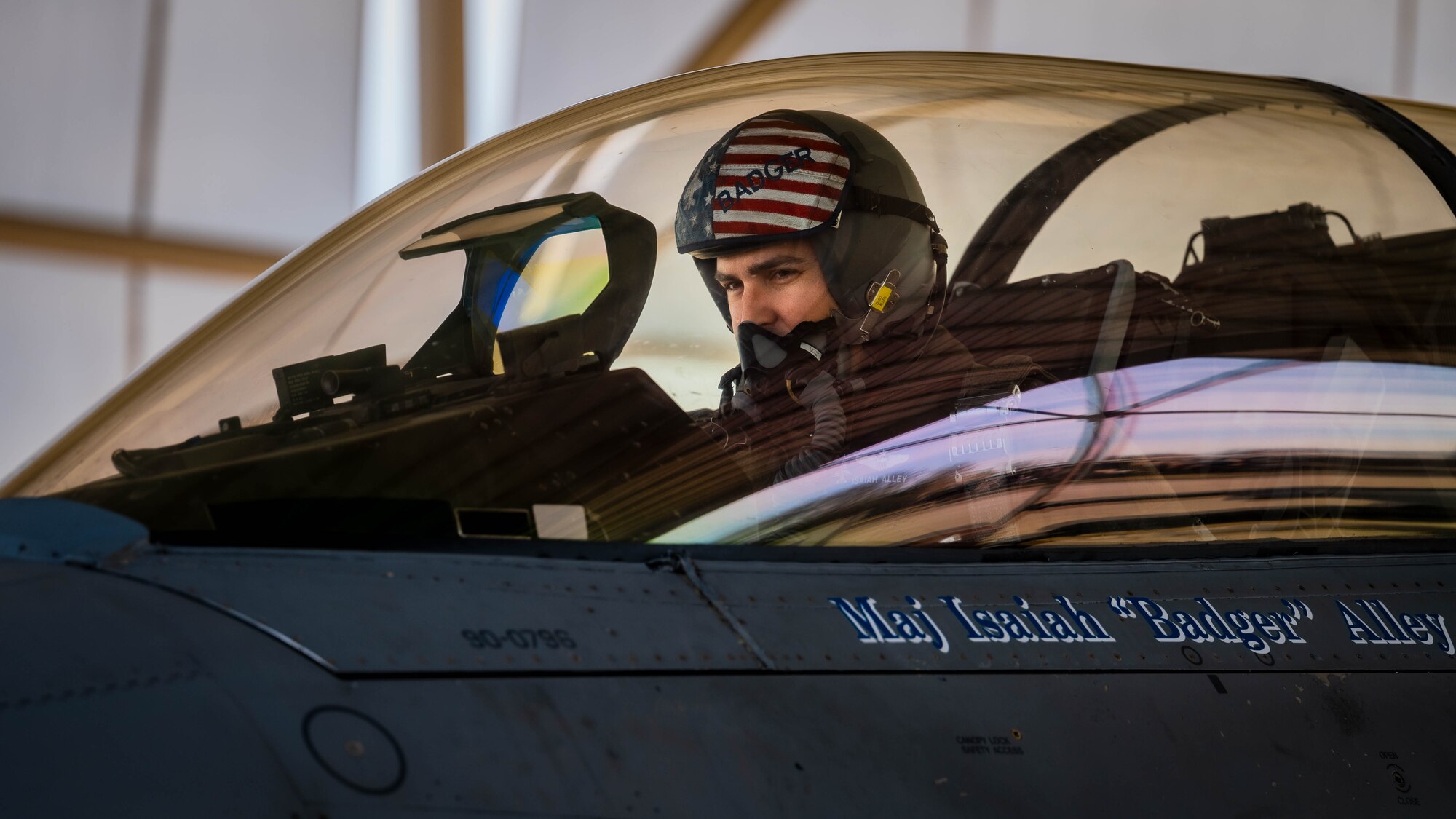 U.S. Air Force Maj. Isaiah Alley, 309th Fighter Squadron director of operations, taxis a U.S. Air Force F-16 Fighting Falcon.