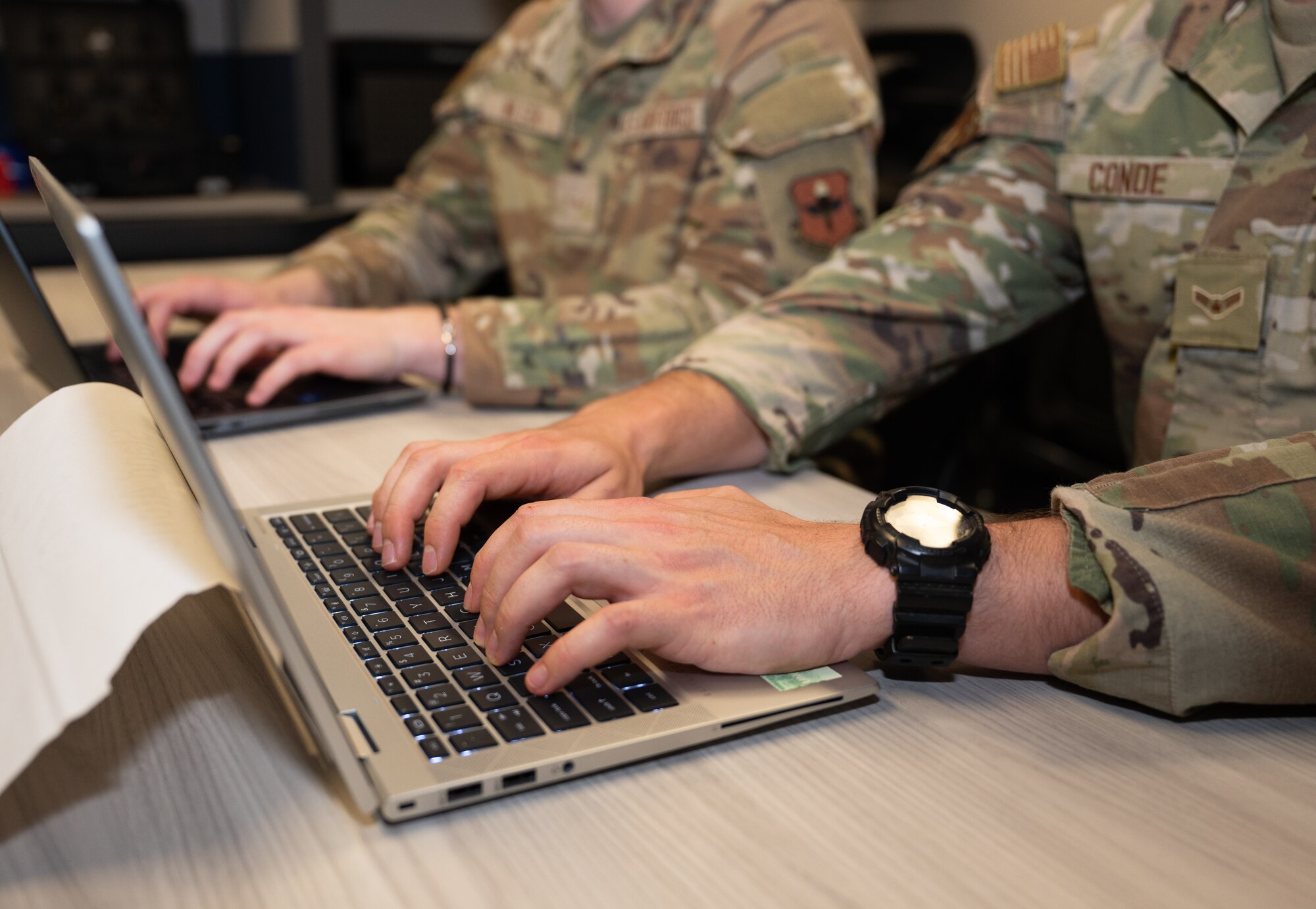 U.S. Air Force Airman 1st Class Ethan Conde, 42nd Communication Squadron client system technician types on his computer at Maxwell Air Force Base, Alabama, Feb.19, 2025.