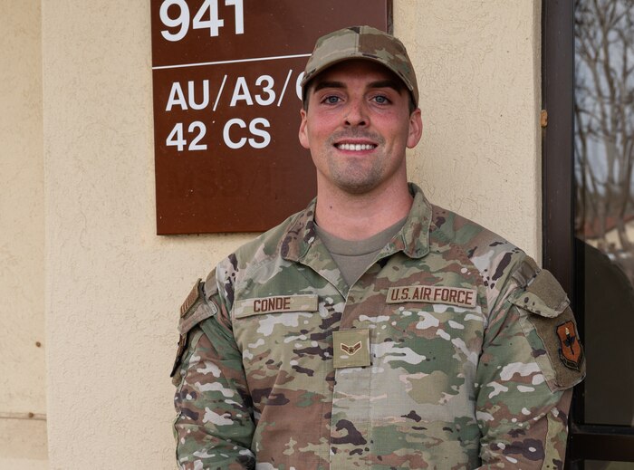 U.S. Air Force Airman 1st Class Ethan Conde, 42nd Communication Squadron client system technician pose for a photo outside the 42nd CS at Maxwell Air Force Base, Alabama, Feb.19, 2025.