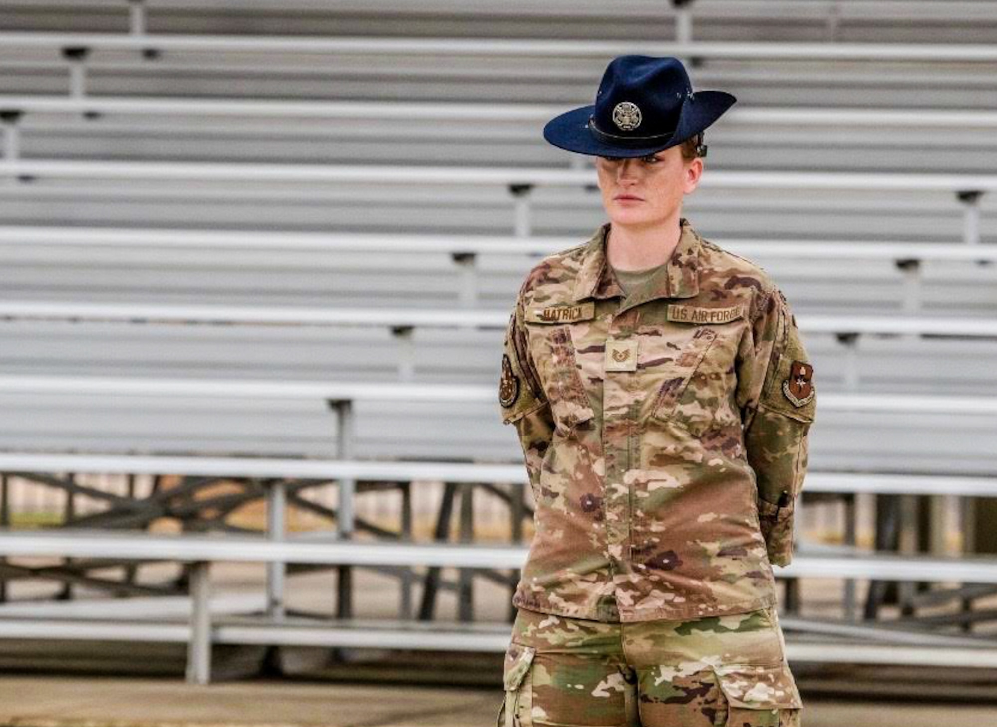 U.S. Air Force Tech. Sgt. Cally Hatrick, 22nd Training Support Squadron military training instructor, poses for a photo at Maxwell Air Force Base, Alabama, Sept. 15, 2024.