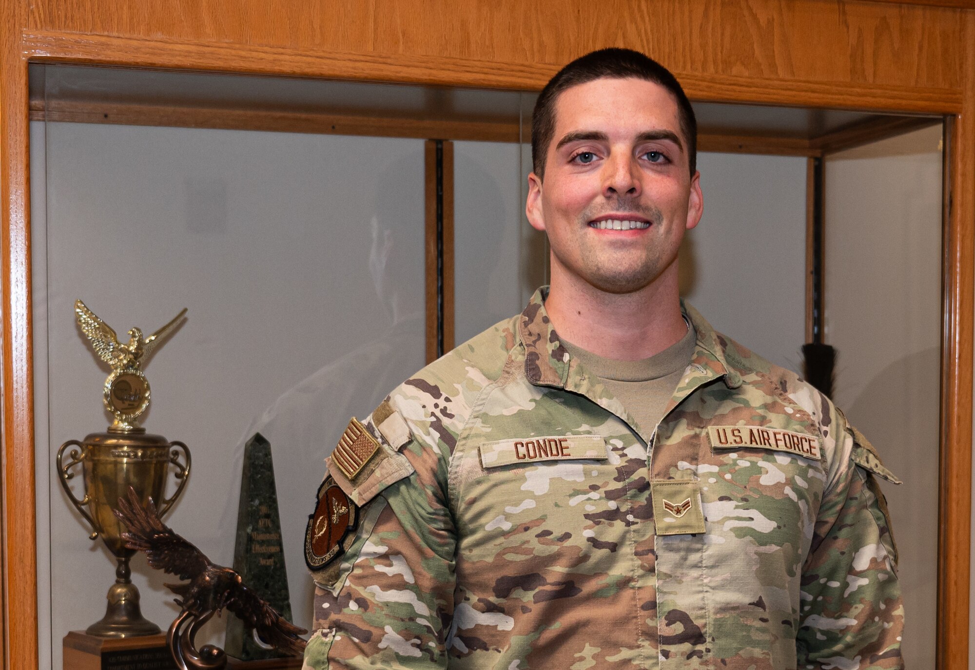 U.S. Air Force Airman 1st Class Ethan Conde, 42nd Communication Squadron client system technician pose for a photo outside the 42nd CS at Maxwell Air Force Base, Alabama, Feb.19, 2025.