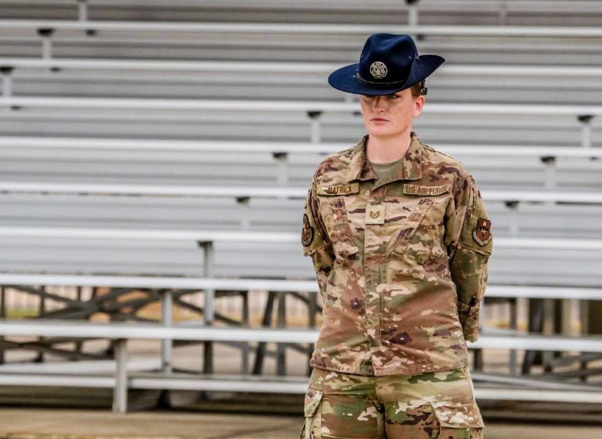 U.S. Air Force Tech. Sgt. Cally Hatrick, 22nd Training Support Squadron military training instructor, poses for a photo at Maxwell Air Force Base, Alabama, Sept. 15, 2024.