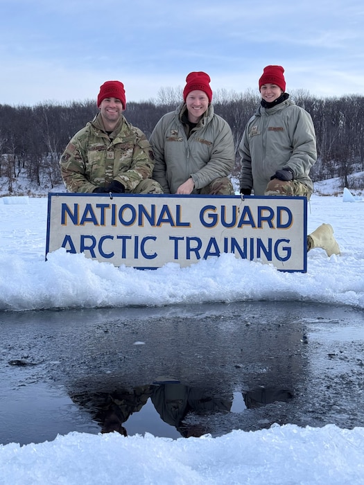 Aerospace medical specialists, Master Sgt. Alex Caturia, Master Sgt. Sean Prouty, and Tech. Sgt. Gabrielle Larson, assigned to the 148th Fighter Wing, Minnesota Air National Guard, pose for a photo at the Air National Guard’s Cold Weather Operations Course at Camp Ripley Training Center, Minn., Feb. 7, 2025.  Caturia, Prouty, and Larson provided medical education and response at the course, attended by 70 students from 37 Air National Guard wings. The course, planned, and hosted by the Minnesota National Guard’s 148th Fighter Wing, was designed to prepare service members for deployments to cold weather regions and assist in planning missions with the goal of mitigating cold weather injuries. (U.S. Air National Guard photo by Audra Flanagan)