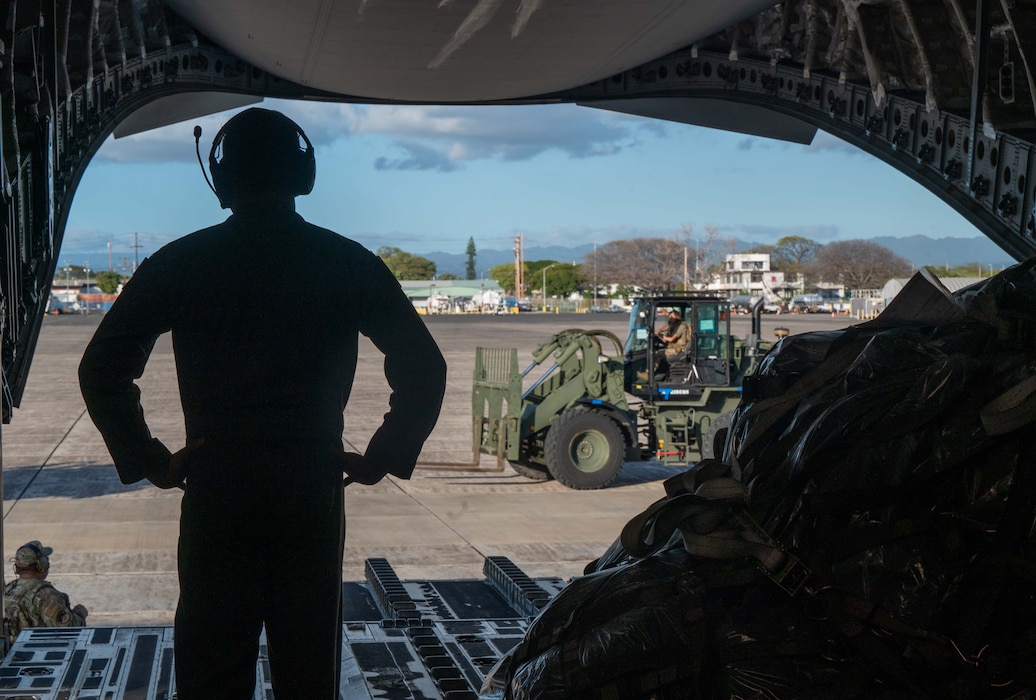 Photo of an Airman observing cargo being unloaded from a C-17