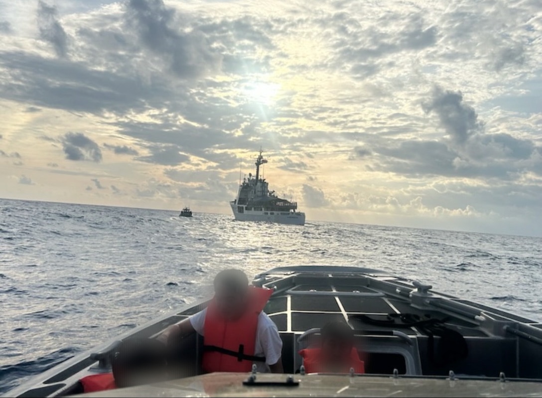 A Customs and Border Protection Air and Marine Operations boat crew prepares to transfer aliens interdicted at sea to the U.S. Coast Guard Cutter Vigorous (WMEC 627) near Miami, Florida Feb. 18, 2025. One suspected smuggler was transferred to Homeland Security Investigations and the remaining 23 aliens onboard were returned to The Bahamas. (Courtesy photo)