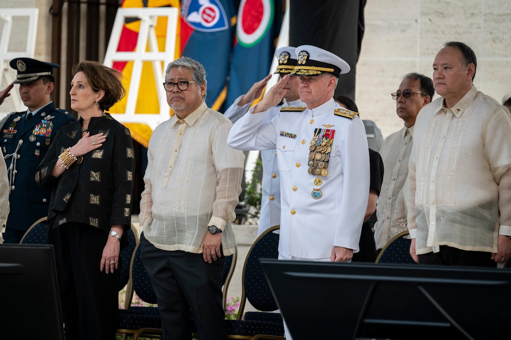 Adm. Samuel J. Paparo, commander of U.S. Indo-Pacific Command, salutes at the 80th anniversary of the Liberation of Manila at Manila American Cemetery in the Philippines, on Feb. 22, 2025. Attended by U.S. and Philippine dignitaries, the event recognized the service and sacrifice of more than 1,000 U.S. soldiers and more than 100,000 civilians who lost their lives during the fight to liberate the Philippine capital and highlighted the strength of the enduring U.S.-Philippines Alliance that has promoted peace and security in the Indo-Pacific. USINDOPACOM is committed to enhancing stability in the Indo-Pacific region by promoting security cooperation, encouraging peaceful development, responding to contingencies, deterring aggression and prevailing in conflict.  (U.S. Navy photo by Chief Mass Communication Specialist Shannon M. Smith)