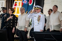 Adm. Samuel J. Paparo, commander of U.S. Indo-Pacific Command, salutes at the 80th anniversary of the Liberation of Manila at Manila American Cemetery in the Philippines, on Feb. 22, 2025. Attended by U.S. and Philippine dignitaries, the event recognized the service and sacrifice of more than 1,000 U.S. soldiers and more than 100,000 civilians who lost their lives during the fight to liberate the Philippine capital and highlighted the strength of the enduring U.S.-Philippines Alliance that has promoted peace and security in the Indo-Pacific. USINDOPACOM is committed to enhancing stability in the Indo-Pacific region by promoting security cooperation, encouraging peaceful development, responding to contingencies, deterring aggression and prevailing in conflict.  (U.S. Navy photo by Chief Mass Communication Specialist Shannon M. Smith)