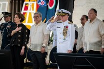 Adm. Samuel J. Paparo, commander of U.S. Indo-Pacific Command, salutes at the 80th anniversary of the Liberation of Manila at Manila American Cemetery in the Philippines, on Feb. 22, 2025. Attended by U.S. and Philippine dignitaries, the event recognized the service and sacrifice of more than 1,000 U.S. soldiers and more than 100,000 civilians who lost their lives during the fight to liberate the Philippine capital and highlighted the strength of the enduring U.S.-Philippines Alliance that has promoted peace and security in the Indo-Pacific. USINDOPACOM is committed to enhancing stability in the Indo-Pacific region by promoting security cooperation, encouraging peaceful development, responding to contingencies, deterring aggression and prevailing in conflict.  (U.S. Navy photo by Chief Mass Communication Specialist Shannon M. Smith)