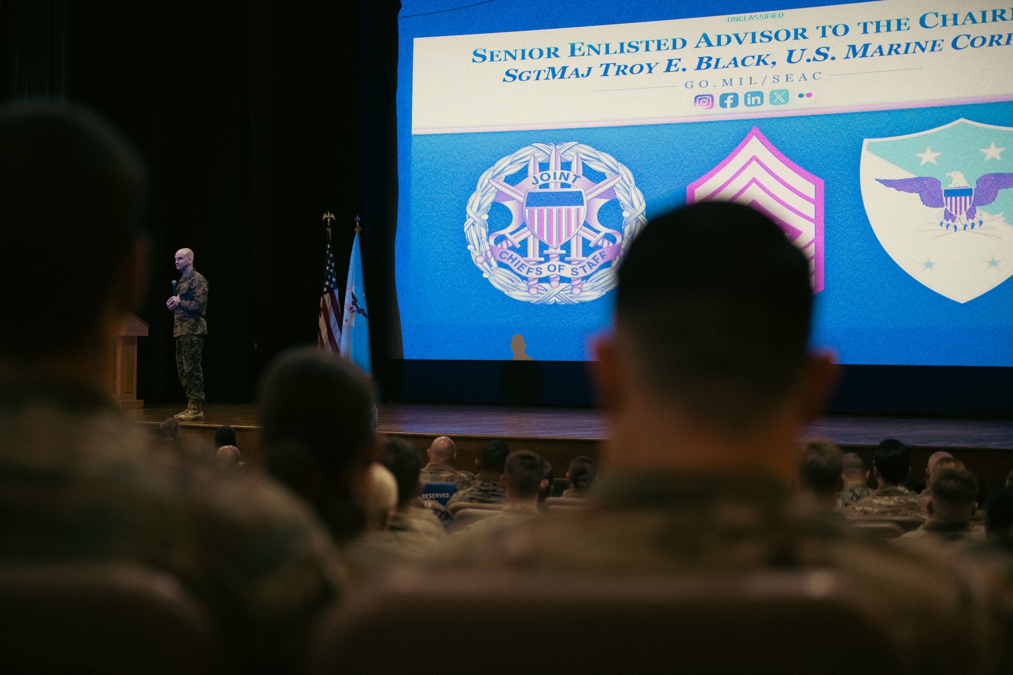 Senior Enlisted Advisor to the Chairman of the Joint Chiefs of Staff, U.S. Marine Corps Sgt. Maj. Troy E. Black, addresses enlisted service members at an all-call at Joint Base Andrews, Md., Feb. 19, 2025. Black addressed the Department of Defense priorities and the evolving nature of modern warfare. (U.S. Air Force photo by Airman 1st Class Daniel Walderbach)