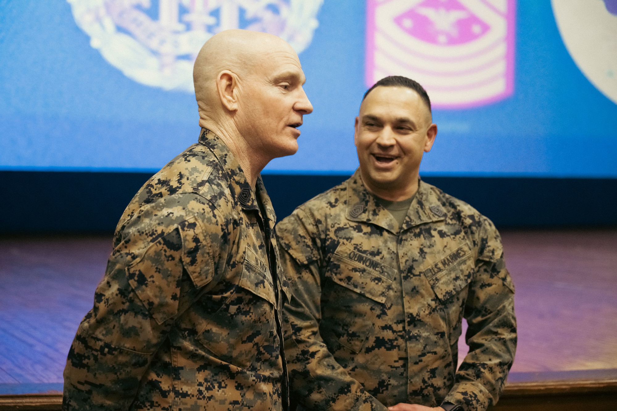 Senior Enlisted Advisor to the Chairman of the Joint Chiefs of Staff, U.S. Marine Corps Sgt. Maj. Troy E. Black, left, talks with a Marine after an all-call at Joint Base Andrews, Md., Feb. 19, 2025. Black spoke one-on-one with people who attended the all-call. (U.S. Air Force photo by Airman 1st Class Daniel Walderbach)