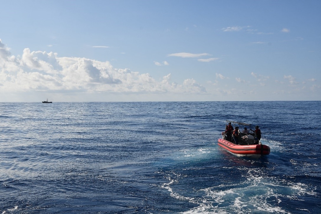 A small boat crew assigned to U.S. Coast Guard Cutter Joseph Gerczak (WPC 1126) gets underway to conduct a boarding on a U.S. flagged fishing vessel near American Samoa Feb. 3, 2025. Due to American Samoa’s status as a U.S. territory, the Coast Guard has the authority to conduct boardings in the U.S. Exclusive Economic Zone surrounding the territory, which extends up to 200 nautical miles offshore. (U.S. Coast Guard photo by Ensign Samuel Carrol)