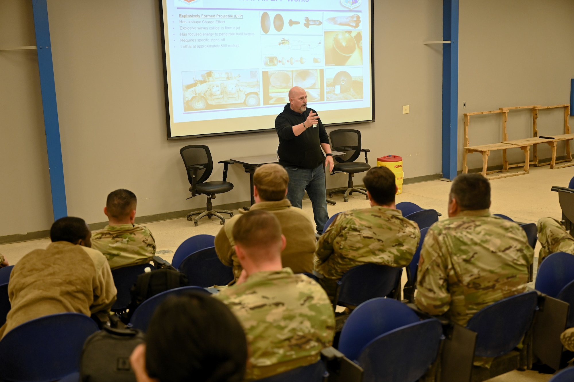Participants receive classroom instruction on Explosive Ordinance Hazards at Joint Base San Antonio-Lackland, Texas on Feb. 8, 2024. Due to the variety of unexploded ordinances (UXO) and firing mechanisms, airmen must develop a strong discernment for proper identification and response procedures. (US Air Force photo by Alex Dieguez)