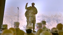 Col. Silas Darden, 960th Cyberspace Wing commander, delivers opening remarks to Gladiator Resolve participants at Joint Base San Antonio-Lackland, Texas on Feb. 5, 2024. Darden affirms his confidence in the value of the training the participants will receive that will contribute to the readiness and capability of the Total Force. He also extends his gratitude to participants for their coordination with the training planners in conducting the first cyber Reserve-led Ready Airman Training event. (US Air Force photo by Alex Dieguez)